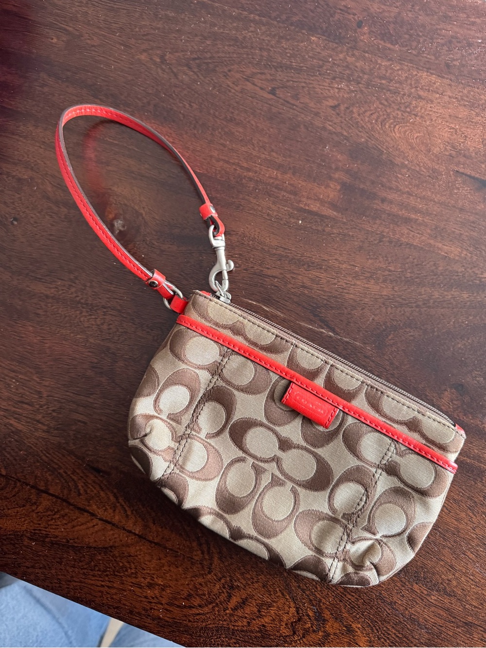 Coach Brown Signature Canvas Wristlet with Red Trim